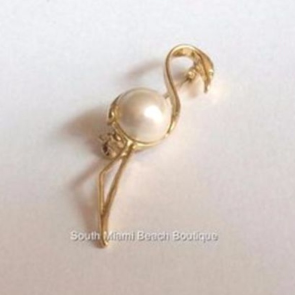 Gold Pearl Flamingo Pin Brooch White Tropical - Picture 4 of 7